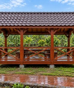 Chòi Gỗ Sân Vườn T99 - Chữ Nhật Sàn Nâng Lan Can Chữ X Bậc Giữa, Gỗ Thông Màu Nâu Đỏ