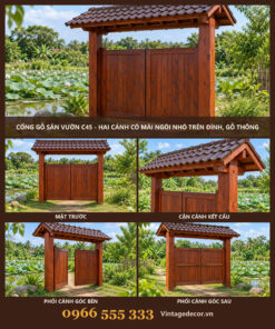 Cổng Gỗ Sân Vườn C45 - Hai Cánh Có Mái Ngói Nhỏ Trên Đỉnh, Gỗ Thông