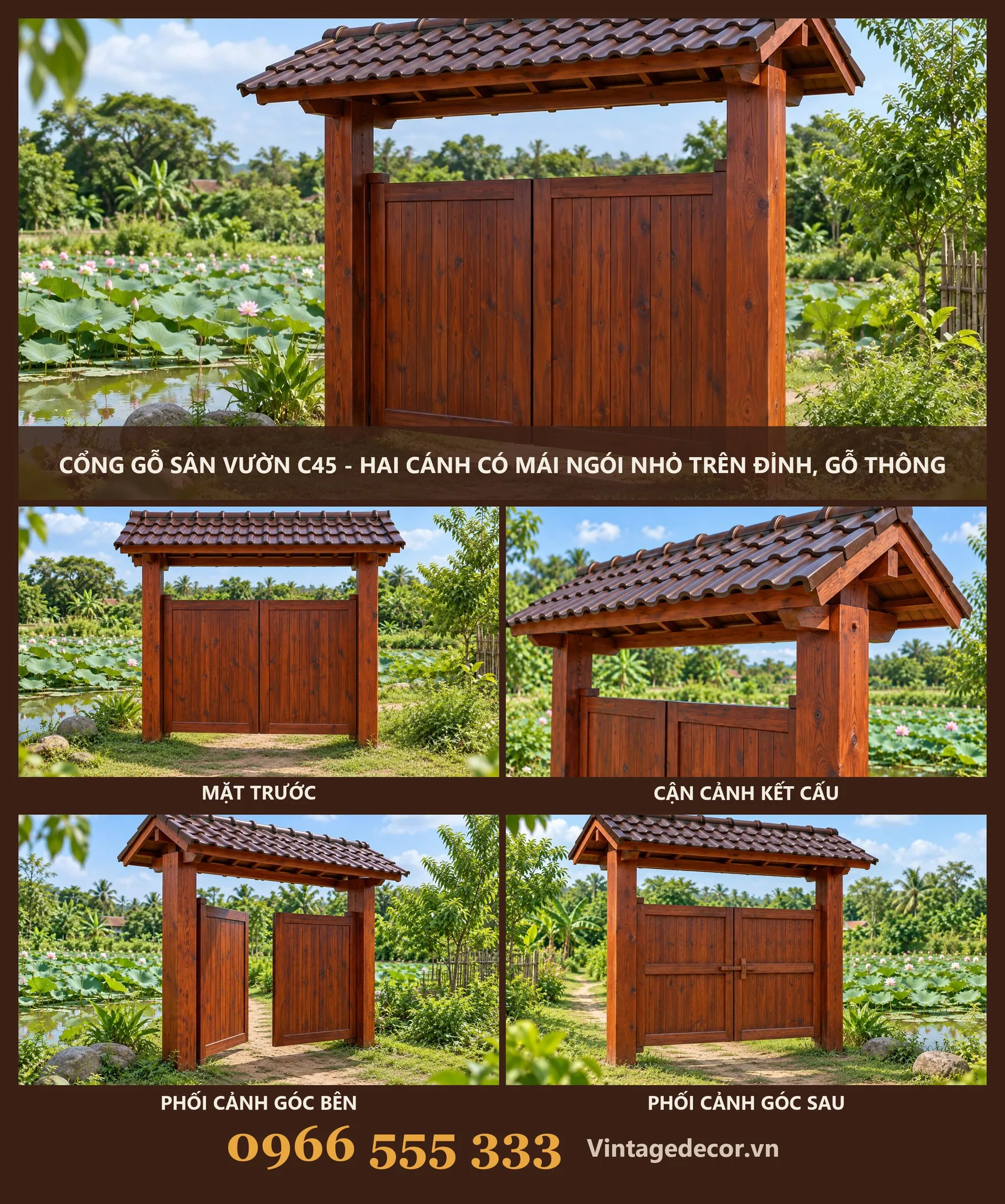 Cổng Gỗ Sân Vườn C45 - Hai Cánh Có Mái Ngói Nhỏ Trên Đỉnh, Gỗ Thông