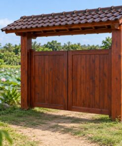 Cổng Gỗ Sân Vườn C45 - Hai Cánh Có Mái Ngói Nhỏ Trên Đỉnh, Gỗ Thông