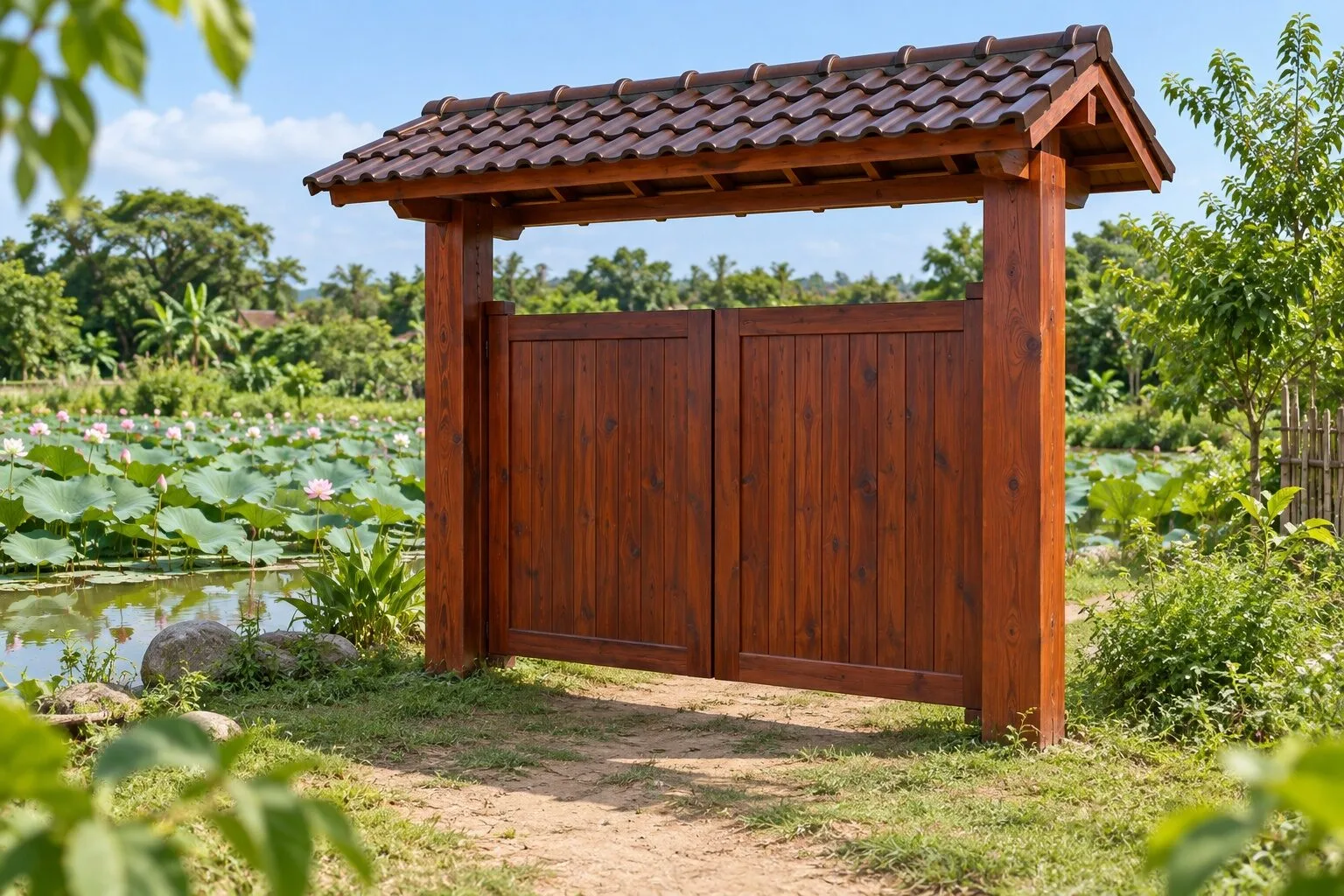 Cổng gỗ nâu đỏ hai cánh ván đứng, hai trụ đỡ mái ngói nhỏ trên đỉnh, phía sau là ao sen