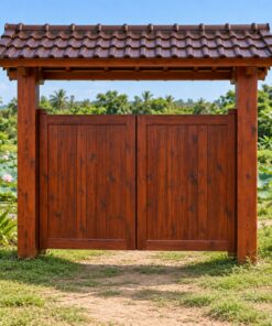 Cổng Gỗ Sân Vườn C45 - Hai Cánh Có Mái Ngói Nhỏ Trên Đỉnh, Gỗ Thông