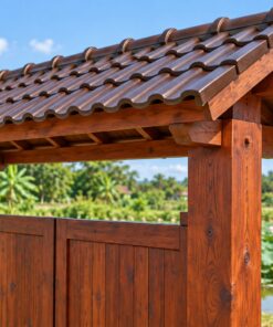 Cổng Gỗ Sân Vườn C45 - Hai Cánh Có Mái Ngói Nhỏ Trên Đỉnh, Gỗ Thông