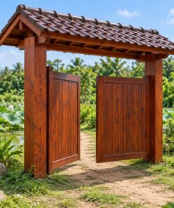 Cổng Gỗ Sân Vườn C45 - Hai Cánh Có Mái Ngói Nhỏ Trên Đỉnh, Gỗ Thông