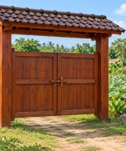Cổng Gỗ Sân Vườn C45 - Hai Cánh Có Mái Ngói Nhỏ Trên Đỉnh, Gỗ Thông