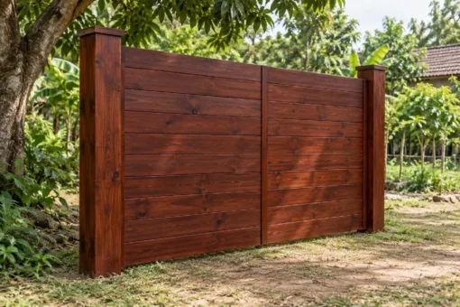 Cổng gỗ C46 nâu đỏ hai cánh ván ngang kín dưới tán cây xoài