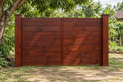 Cổng gỗ C46 nhìn thẳng – ván ngang chạy liền, đỉnh cánh phẳng