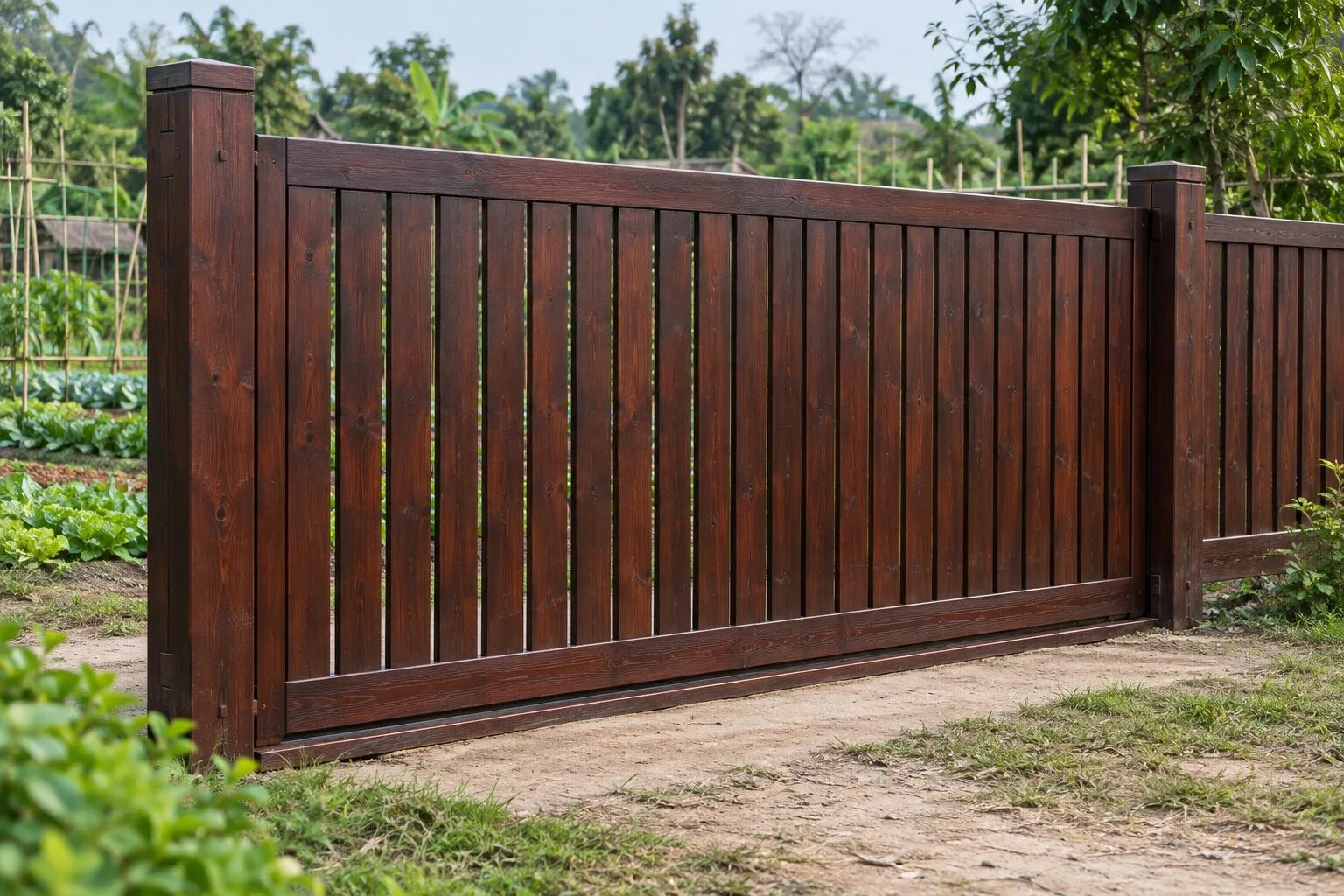 Cổng gỗ nâu cánh gián trượt ngang một cánh lớn ván đứng thưa khe, trụ vuông hai đầu, sau là vườn rau