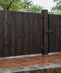 Cổng Gỗ Sân Vườn C49 - Hai Cánh Lệch To Nhỏ Kiểu Cổng Mẹ Con, Gỗ Thông Màu Gỗ Cháy