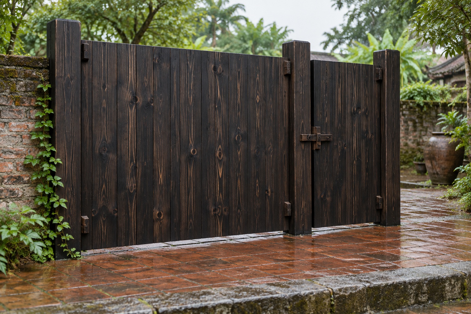 Cổng Gỗ Sân Vườn C49 - Hai Cánh Lệch To Nhỏ Kiểu Cổng Mẹ Con, Gỗ Thông Màu Gỗ Cháy Cổng Gỗ Sân Vườn C49 - Hai Cánh Lệch To Nhỏ Kiểu Cổng Mẹ Con, Gỗ Thông Màu Gỗ Cháy