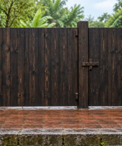 Cổng Gỗ Sân Vườn C49 - Hai Cánh Lệch To Nhỏ Kiểu Cổng Mẹ Con, Gỗ Thông Màu Gỗ Cháy