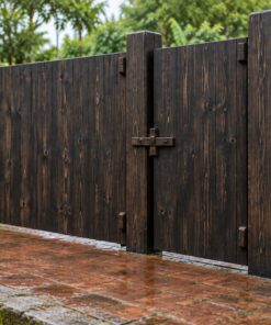 Cổng Gỗ Sân Vườn C49 - Hai Cánh Lệch To Nhỏ Kiểu Cổng Mẹ Con, Gỗ Thông Màu Gỗ Cháy