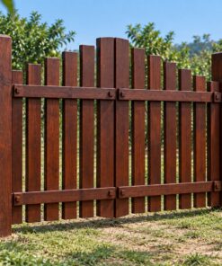 Cổng Gỗ Sân Vườn C50 - Nan Đứng Thưa Đỉnh Bậc Thang, Gỗ Thông Màu Nâu Đỏ
