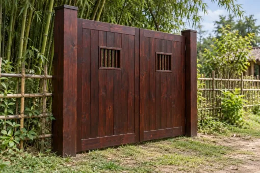 Cổng gỗ C51 nâu cánh gián giữa rào tre và bụi tre