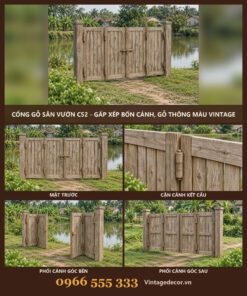 Cổng Gỗ Sân Vườn C52 - Gấp Xếp Bốn Cánh, Gỗ Thông Màu Vintage