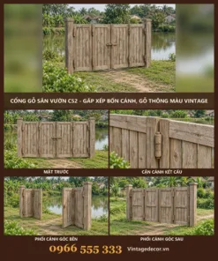 Cổng gỗ C52 gấp xếp bốn cánh – ảnh ghép mặt trước, bản lề, góc bên, góc sau