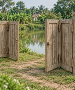 Cổng Gỗ Sân Vườn C52 - Gấp Xếp Bốn Cánh, Gỗ Thông Màu Vintage