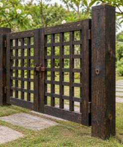 Cổng Gỗ Sân Vườn C53 - Ô Lưới Vuông Gỗ Trong Khung, Gỗ Thông Màu Gỗ Cháy