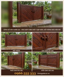 Cổng gỗ C54 ván ghép chéo chữ V – ảnh ghép mặt trước, then cài, góc bên, góc sau