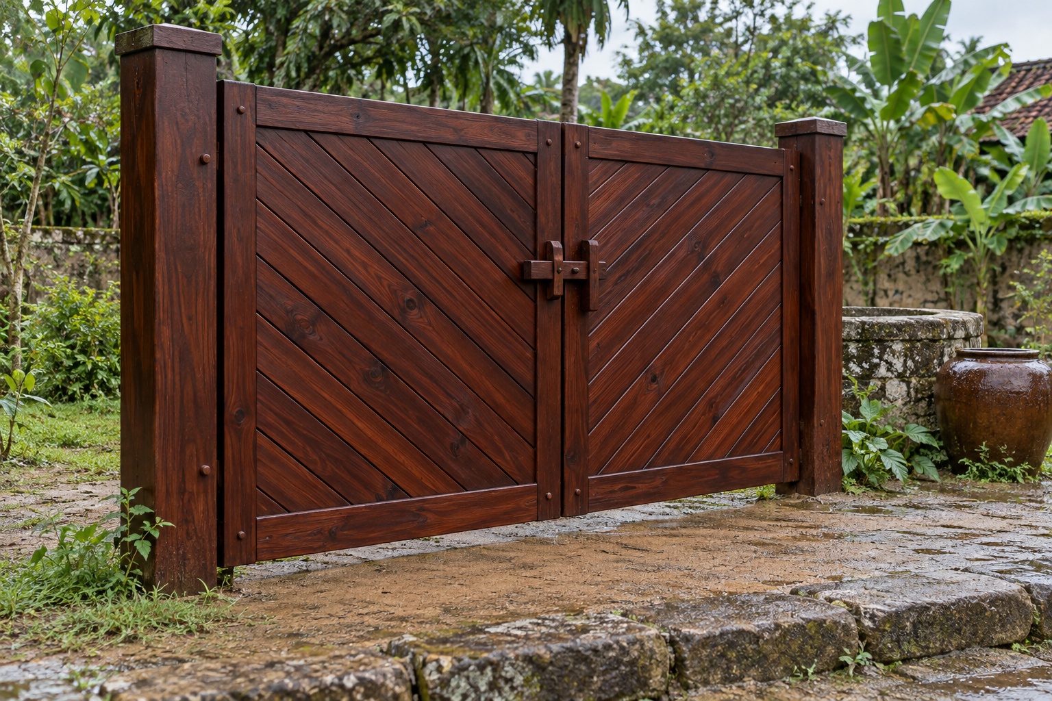 Cổng Gỗ Sân Vườn C54 - Ván Ghép Chéo Chữ V Gặp Giữa, Gỗ Thông Màu Nâu Đỏ Cổng Gỗ Sân Vườn C54 - Ván Ghép Chéo Chữ V Gặp Giữa, Gỗ Thông Màu Nâu Đỏ