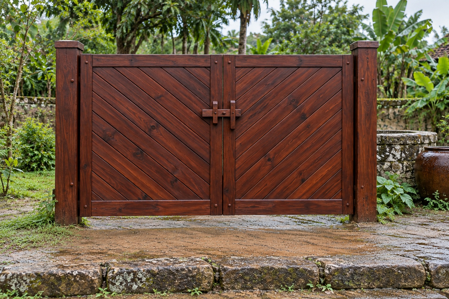 Cổng Gỗ Sân Vườn C54 - Ván Ghép Chéo Chữ V Gặp Giữa, Gỗ Thông Màu Nâu Đỏ Cổng Gỗ Sân Vườn C54 - Ván Ghép Chéo Chữ V Gặp Giữa, Gỗ Thông Màu Nâu Đỏ