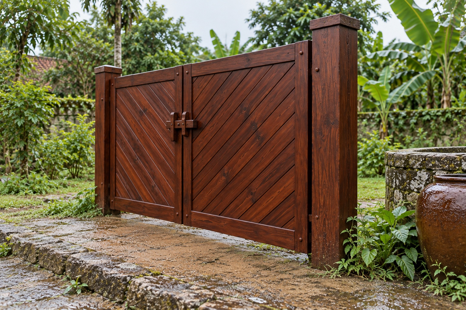 Cổng Gỗ Sân Vườn C54 - Ván Ghép Chéo Chữ V Gặp Giữa, Gỗ Thông Màu Nâu Đỏ Cổng Gỗ Sân Vườn C54 - Ván Ghép Chéo Chữ V Gặp Giữa, Gỗ Thông Màu Nâu Đỏ