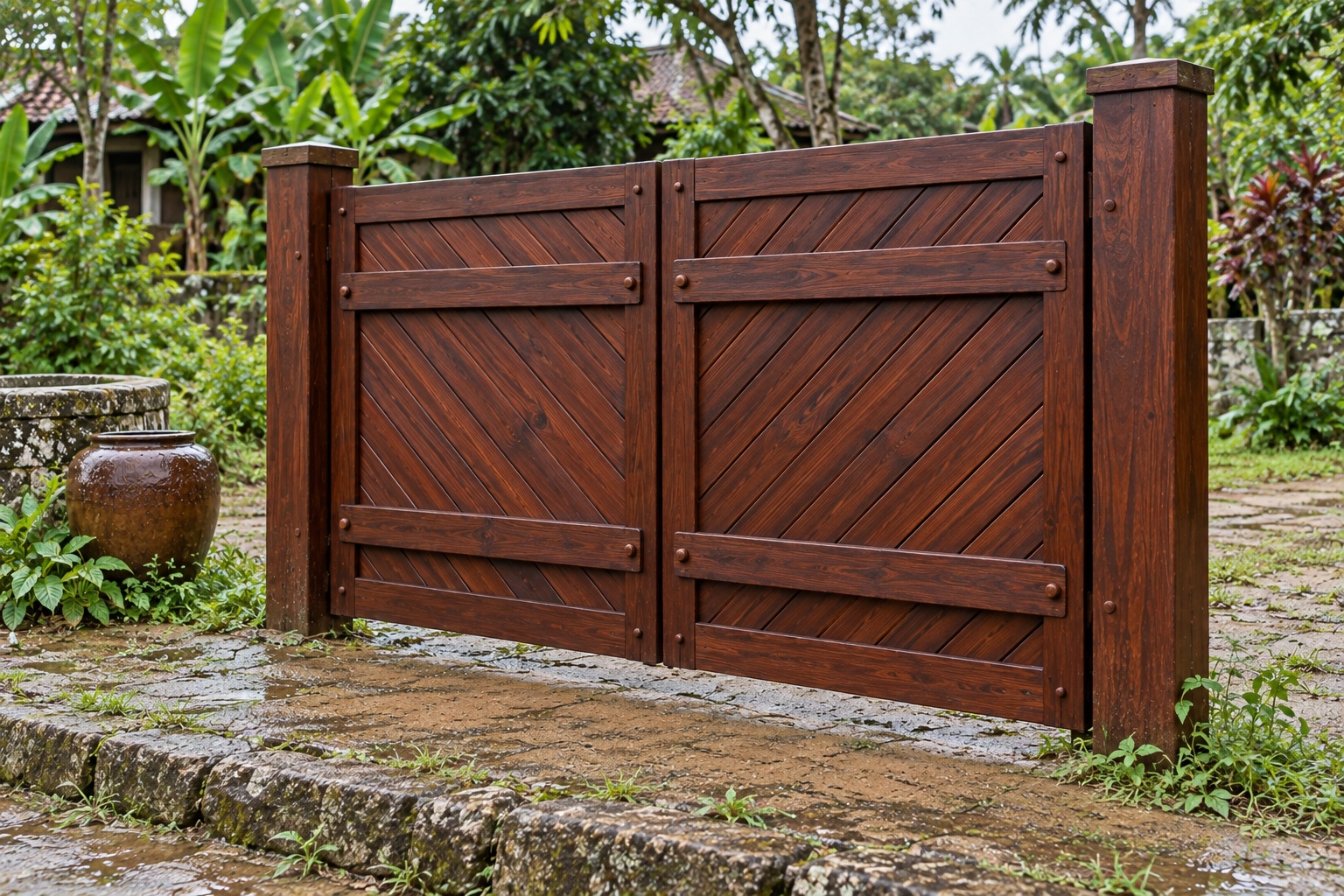 Cổng Gỗ Sân Vườn C54 - Ván Ghép Chéo Chữ V Gặp Giữa, Gỗ Thông Màu Nâu Đỏ Cổng Gỗ Sân Vườn C54 - Ván Ghép Chéo Chữ V Gặp Giữa, Gỗ Thông Màu Nâu Đỏ