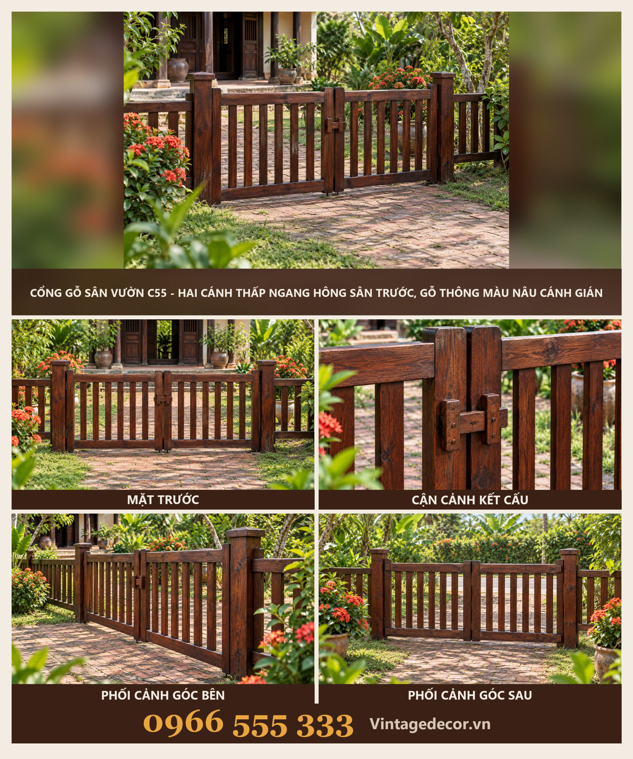 Cổng Gỗ Sân Vườn C55 - Hai Cánh Thấp Ngang Hông Sân Trước, Gỗ Thông Màu Nâu Cánh Gián Cổng Gỗ Sân Vườn C55 - Hai Cánh Thấp Ngang Hông Sân Trước, Gỗ Thông Màu Nâu Cánh Gián