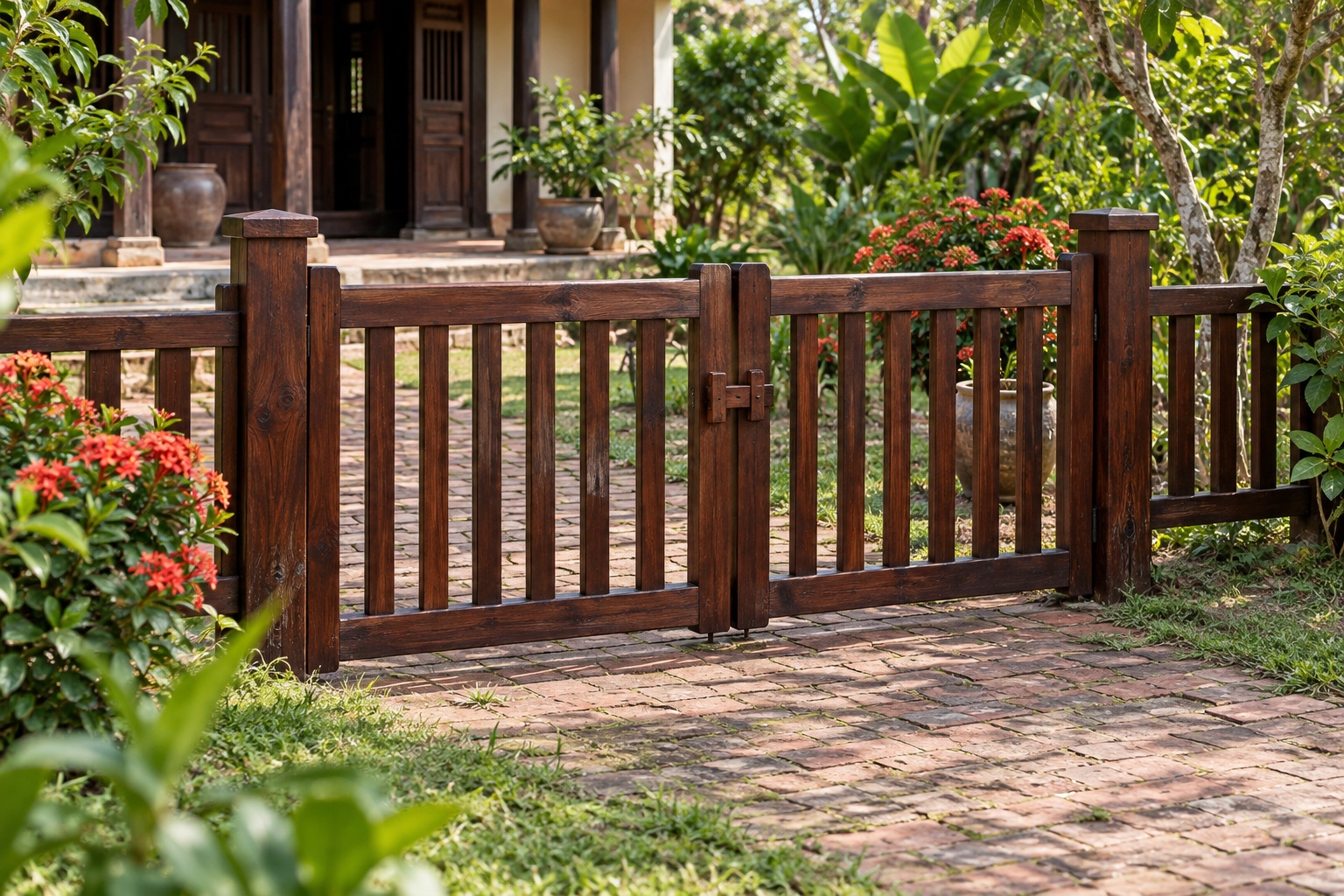 Cổng Gỗ Sân Vườn C55 - Hai Cánh Thấp Ngang Hông Sân Trước, Gỗ Thông Màu Nâu Cánh Gián Cổng Gỗ Sân Vườn C55 - Hai Cánh Thấp Ngang Hông Sân Trước, Gỗ Thông Màu Nâu Cánh Gián