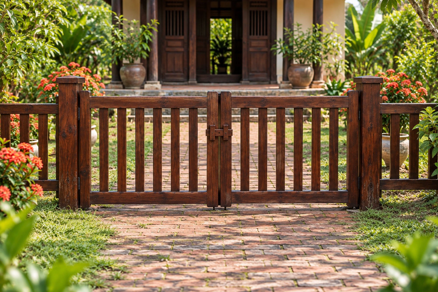 Cổng Gỗ Sân Vườn C55 - Hai Cánh Thấp Ngang Hông Sân Trước, Gỗ Thông Màu Nâu Cánh Gián Cổng Gỗ Sân Vườn C55 - Hai Cánh Thấp Ngang Hông Sân Trước, Gỗ Thông Màu Nâu Cánh Gián