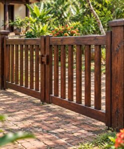Cổng Gỗ Sân Vườn C55 - Hai Cánh Thấp Ngang Hông Sân Trước, Gỗ Thông Màu Nâu Cánh Gián