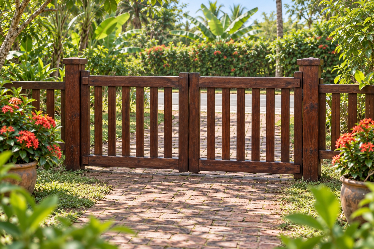 Cổng Gỗ Sân Vườn C55 - Hai Cánh Thấp Ngang Hông Sân Trước, Gỗ Thông Màu Nâu Cánh Gián Cổng Gỗ Sân Vườn C55 - Hai Cánh Thấp Ngang Hông Sân Trước, Gỗ Thông Màu Nâu Cánh Gián