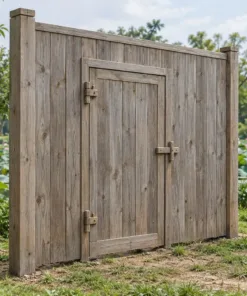 Cổng gỗ C56 một cánh lớn ván đứng bên ao sen, cửa ngách khép giữa cánh