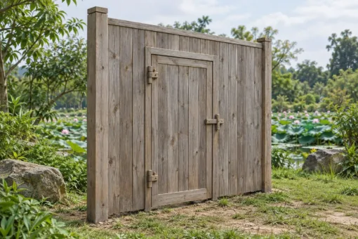 Cổng gỗ C56 một cánh lớn ván đứng bên ao sen, cửa ngách khép giữa cánh