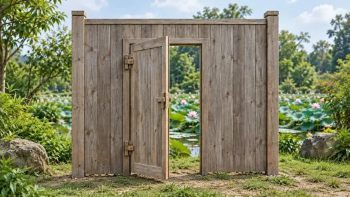 Cổng gỗ C56 nhìn thẳng – cửa ngách đang mở vào trong, thấy ao sen phía sau