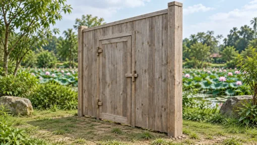 Cổng gỗ C56 – nhìn chéo, trụ vuông cao ngang đỉnh cánh