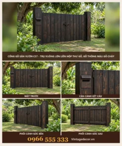 Cổng Gỗ Sân Vườn C57 - Trụ Vuông Lớn Liền Hộp Thư Gỗ, Gỗ Thông Màu Gỗ Cháy