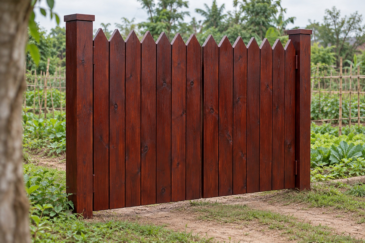 Cổng Gỗ Sân Vườn C58 - Đỉnh Răng Cưa Đầu Ván Vát Nhọn, Gỗ Thông Màu Nâu Đỏ Cổng Gỗ Sân Vườn C58 - Đỉnh Răng Cưa Đầu Ván Vát Nhọn, Gỗ Thông Màu Nâu Đỏ
