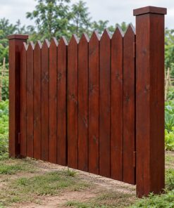 Cổng Gỗ Sân Vườn C58 - Đỉnh Răng Cưa Đầu Ván Vát Nhọn, Gỗ Thông Màu Nâu Đỏ