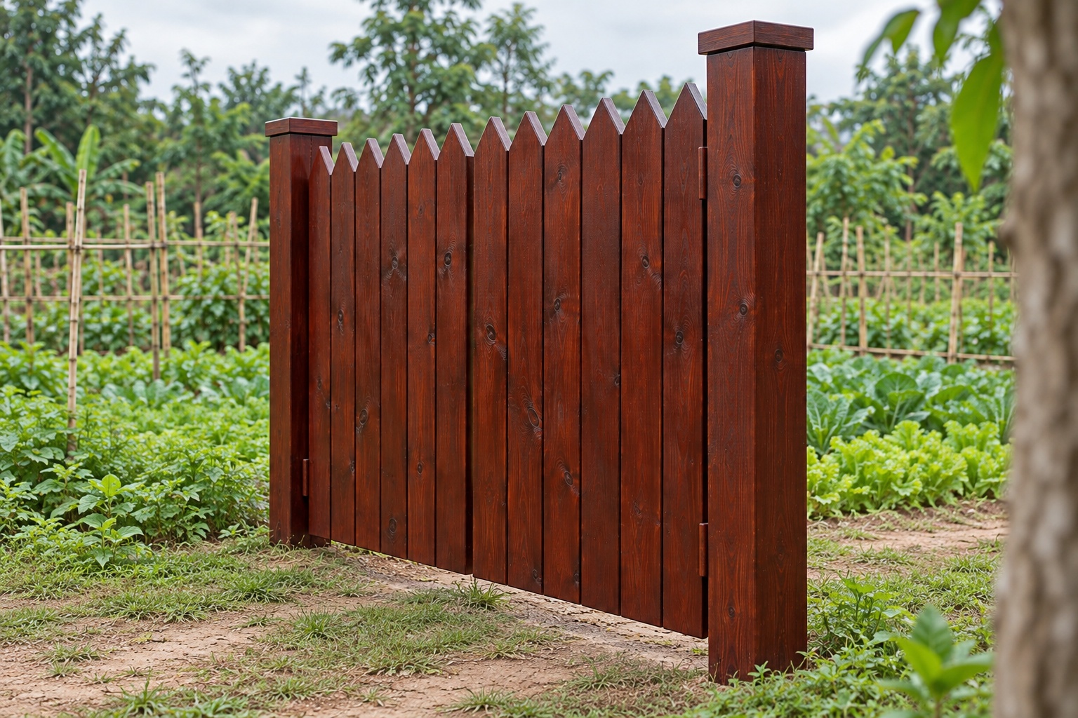 Cổng Gỗ Sân Vườn C58 - Đỉnh Răng Cưa Đầu Ván Vát Nhọn, Gỗ Thông Màu Nâu Đỏ Cổng Gỗ Sân Vườn C58 - Đỉnh Răng Cưa Đầu Ván Vát Nhọn, Gỗ Thông Màu Nâu Đỏ