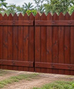Cổng Gỗ Sân Vườn C58 - Đỉnh Răng Cưa Đầu Ván Vát Nhọn, Gỗ Thông Màu Nâu Đỏ