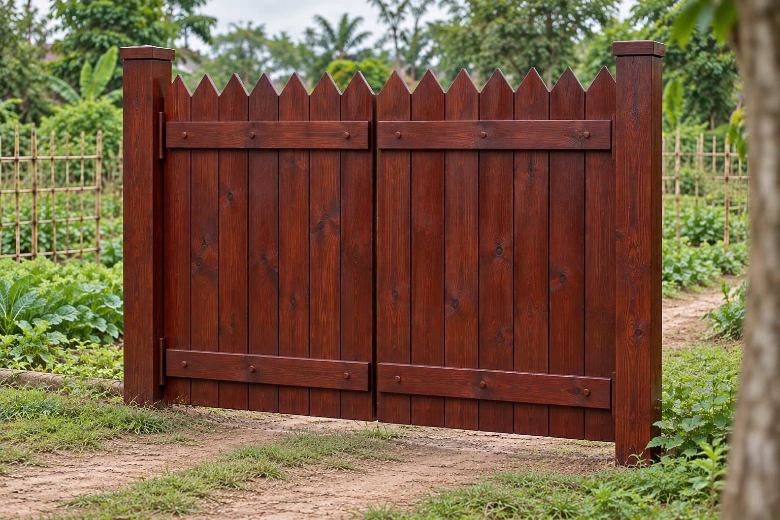 Cổng Gỗ Sân Vườn C58 - Đỉnh Răng Cưa Đầu Ván Vát Nhọn, Gỗ Thông Màu Nâu Đỏ Cổng Gỗ Sân Vườn C58 - Đỉnh Răng Cưa Đầu Ván Vát Nhọn, Gỗ Thông Màu Nâu Đỏ