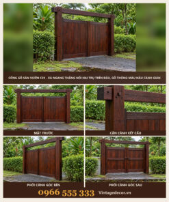 Cổng Gỗ Sân Vườn C59 - Xà Ngang Thẳng Nối Hai Trụ Trên Đầu, Gỗ Thông Màu Nâu Cánh Gián