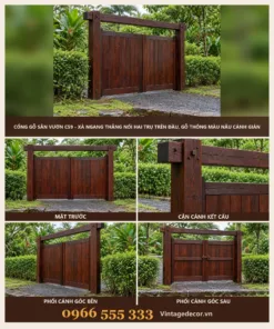 Cổng Gỗ Sân Vườn C59 - Xà Ngang Thẳng Nối Hai Trụ Trên Đầu, Gỗ Thông Màu Nâu Cánh Gián