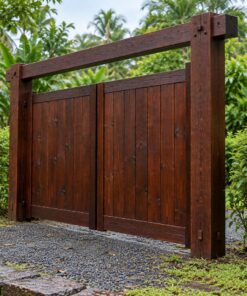 Cổng Gỗ Sân Vườn C59 - Xà Ngang Thẳng Nối Hai Trụ Trên Đầu, Gỗ Thông Màu Nâu Cánh Gián