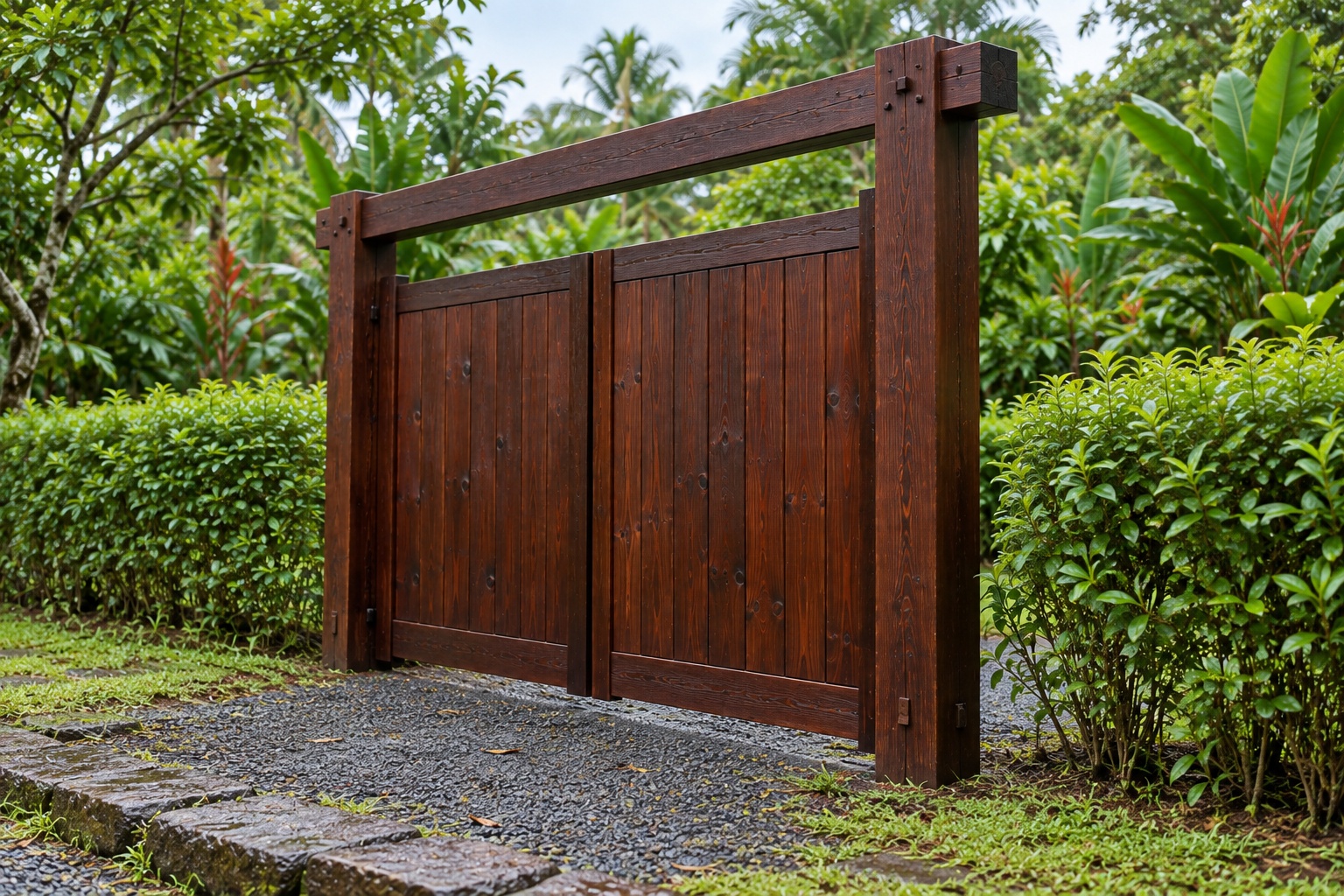 Cổng Gỗ Sân Vườn C59 - Xà Ngang Thẳng Nối Hai Trụ Trên Đầu, Gỗ Thông Màu Nâu Cánh Gián Cổng Gỗ Sân Vườn C59 - Xà Ngang Thẳng Nối Hai Trụ Trên Đầu, Gỗ Thông Màu Nâu Cánh Gián