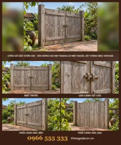 Cổng Gỗ Sân Vườn C60 - Ván Đứng Hai Nẹp Ngang Lộ Mặt Ngoài, Gỗ Thông Màu Vintage