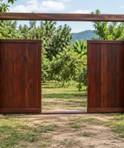 Cổng gỗ C61 nâu cánh gián mở tách hai bên, xà ngang nối hai trụ, vườn cây ăn trái