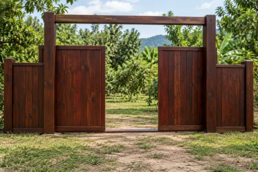 Cổng gỗ C61 nâu cánh gián mở tách hai bên, xà ngang nối hai trụ, vườn cây ăn trái