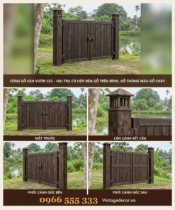 Cổng Gỗ Sân Vườn C63 - Hai Trụ Có Hộp Đèn Gỗ Trên Đỉnh, Gỗ Thông Màu Gỗ Cháy